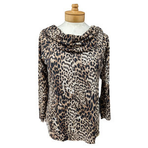 Women's Animal Print Tunic Top Med Cowl Neck Chico's Size 1 LS Neutral Lined